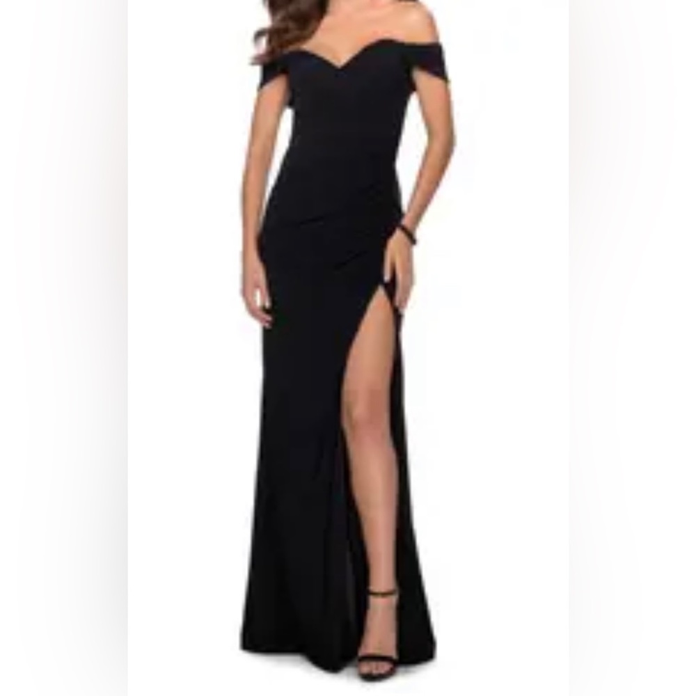 LA FEMME OFF THE SHOULDER GOWN BLACK